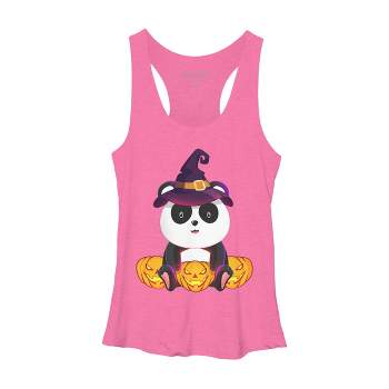 Women's Design By Humans Cute Panda Mock up Witch With Jack O Lantern Halloween T-Shirt By thebeardstudio Racerback Tank Top