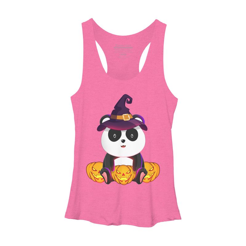 Women's Design By Humans Cute Panda Mock up Witch With Jack O Lantern Halloween T-Shirt By thebeardstudio Racerback Tank Top, 1 of 4