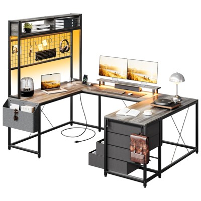 U-Shaped Desk, Large Computer Desk with 4 Storage Cabinets and Power Outlets