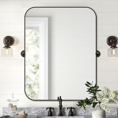 Lirago Wrought Iron Swivel Mirror Tempered Glass 23"H x 0.98"D x 32"W Black