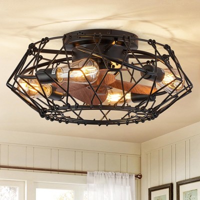 Ludomide Flush Mount Caged Ceiling Fan Lights with Remote, Retro Black Fandelier for Farmhouse Bedroom