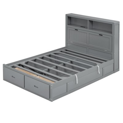 Bellemave Wood Queen Size Hydraulic Platform Bed with Storage LED Headboard, Charging Station and 2 Drawers,Gray