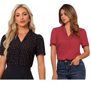 INSPIRE CHIC Women's Short Sleeve Casual V Neck Print Notch Lapel Collar Summer Blouses 2 Packs - 1 of 4
