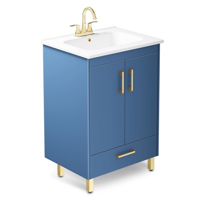Phiestina 24" Blue Bathroom Vanity, Fully Pre-Assembled Cabinet with 3-Hole Ceramic Sink, 2 Soft-Close Doors, 1 Drawer, Brushed Gold Hardware