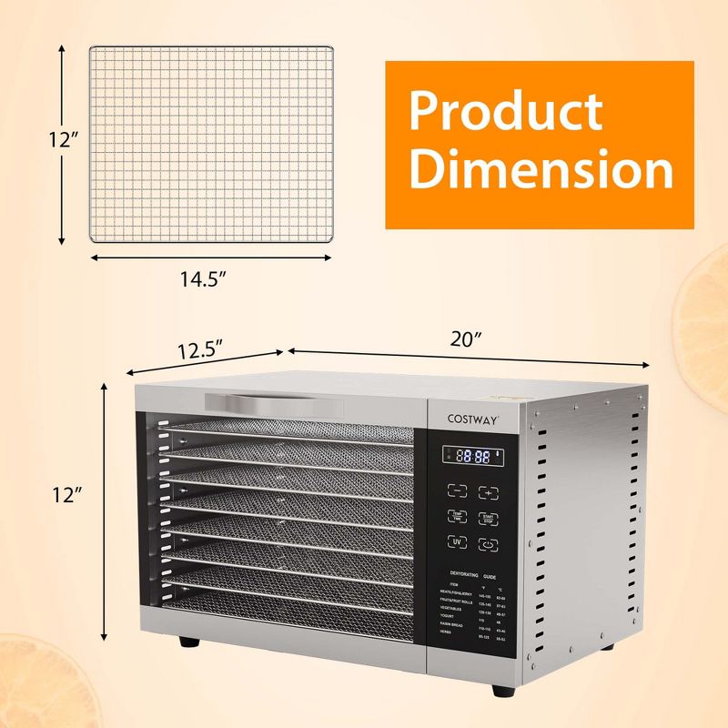 Costway Food Dehydrator Dryer Machine 85°F-160°F with 8 Detachable Mesh Trays & Timer, 3 of 10