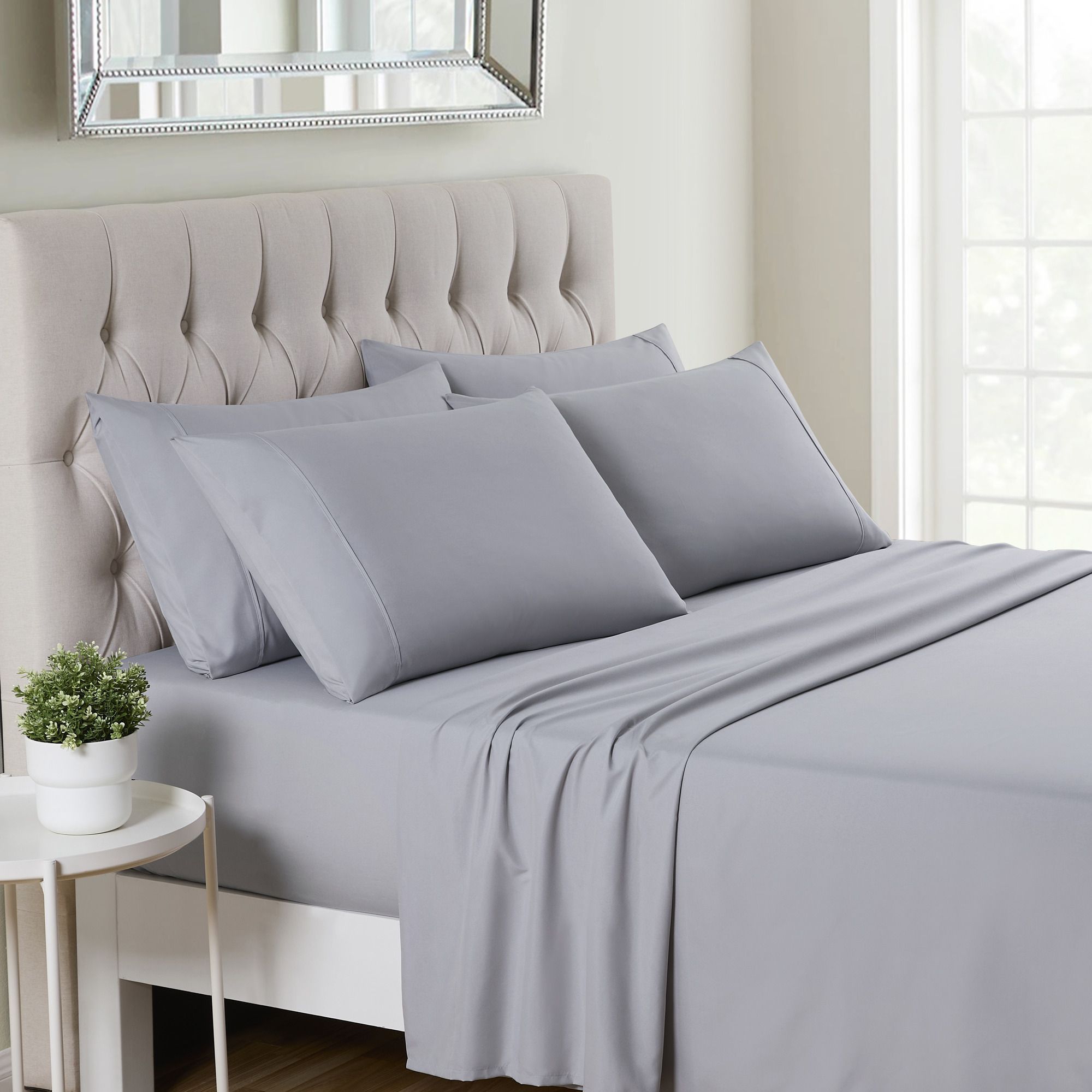Split King 7-Piece Sheet Set (Includes 2 Fitted Sheets), Deluxe 1500 Series Double Brushed Microfiber - Silver