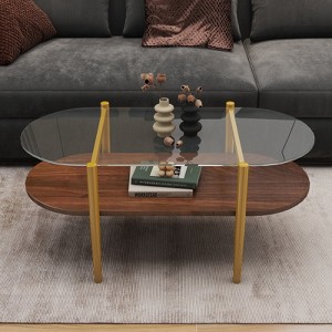Kumasinova Oval Glass Coffee Table with Storage,41" Mid-Century Center End Table with Brown MDF,Two-Tier Center Table for Living Room Furniture,Wood - 1 of 4