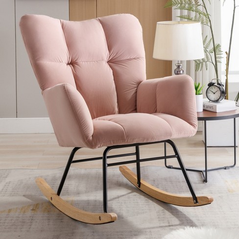 Modern Wood Tufted Velvet Upholstered Accent Rocking Chair, Pink ...