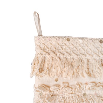 Cream Cotton Christmas Stocking with Fringe and Sequin Detail