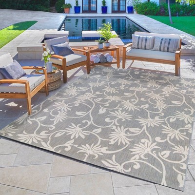Gray and Ivory Floral Flatweave Indoor/Outdoor Area Rug, 9x13