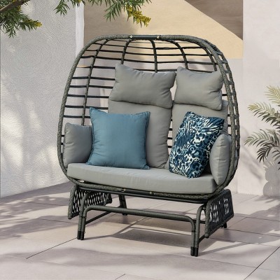 Coolbibila 2 Person Patio Egg Chair,Polyethylene Rattan Garden Lounge Egg Chair,Fabric Upholstered Egg Chair With Rocking Glide Frame