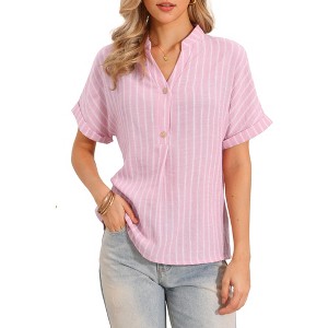 INSPIRE CHIC Women's Business Casual V Neck Button Front Short Sleeve Stripe Summer Blouses - 1 of 4