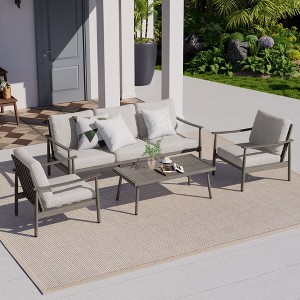HAPPATIO Patio Outdoor Furniture Set,4 Piece Aluminum Patio Conversation Set with Coffee Table, Armchairs and 3-Seat Sofa for Backyard Deck Poolside - 1 of 4