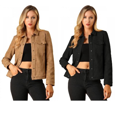 INSPIRE CHIC Women's Turn-Down Collar Flap Pockets Snap Button Faux Suede Jacket 2 Packs