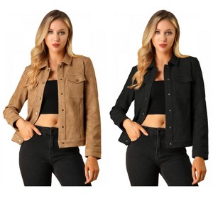 INSPIRE CHIC Women's Turn-Down Collar Flap Pockets Snap Button Faux Suede Jacket 2 Packs - 1 of 4