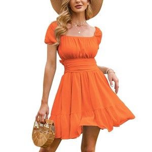 EXLURA Women's 2025 Summer Short Puff Sleeve Casual Short Mini Dresses Tie Back Square Neck A-Line Sundress - 1 of 4