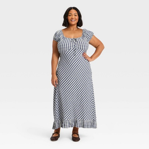 Женские платья Universal Thread Women's Puff Short Sleeve Maxi Sundress - Universal Thread™ Navy Blue Gingham 4X
