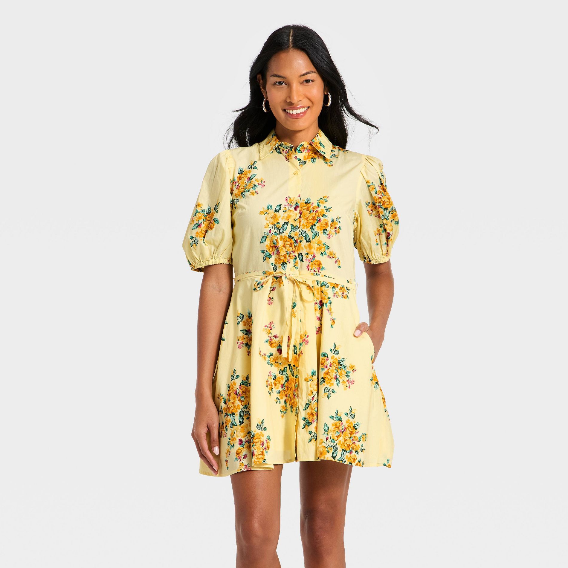 Women's Puff Sleeve Mini Shirtdress - A New Day™ Yellow Floral M