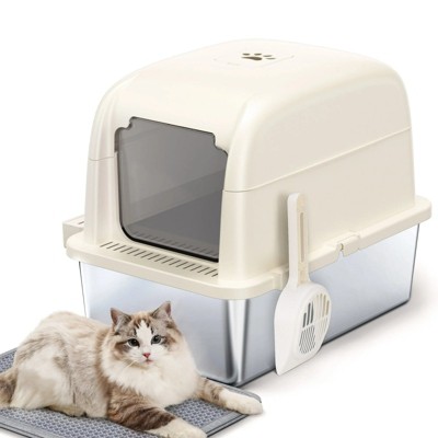 LunaLulinlk Large white stainless steel cat litter tray set, odor-proof and stain-proof