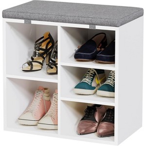Shoe Bench with Storage Cushioned Seat, Wooden Shoe Rack Organizer Adjustable Shelves Side Pockets, Entryway Bench for Hallway Living Room - 1 of 4