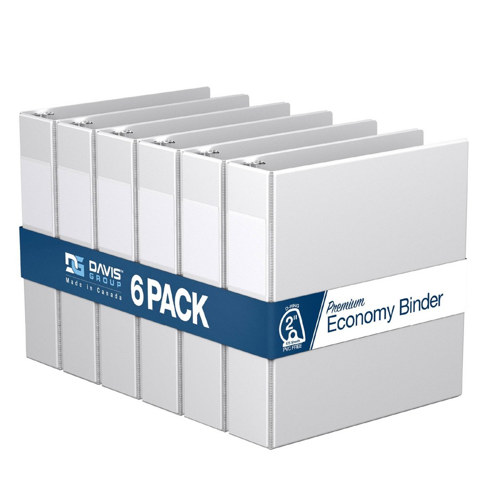 Premium Economy 2" Angle D Ring Binder 6pk White: Davis Group, Hard Cover, 475 Sheet Capacity, Polypropylene