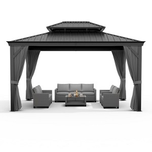 Gray 14'x12' Hardtop Gazebo ¨C Heavy Duty Aluminum Permanent Pavilion with Curtains & Netting for Garden, Patio & Outdoor (1-Pack) - 1 of 4