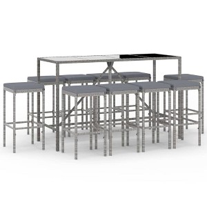 vidaXL Patio Bar Set Outdoor Garden Table with Stool with Cushions Poly Rattan - Gray 70.9" Table Length 10 Pieces - 1 of 4