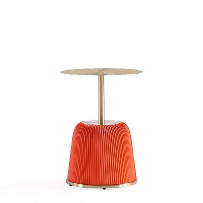 Orange Pleated Leatherette and Gold Metal Round Accent Table Set