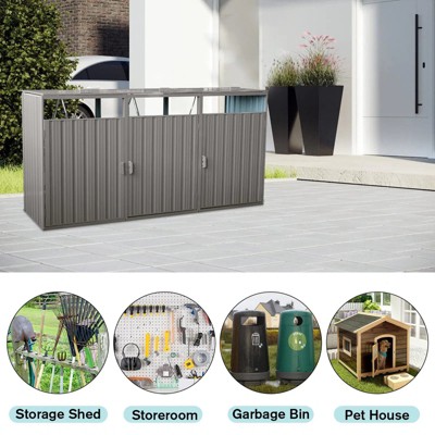 LunaLulink Garbage Bin Shed Stores 3 Trash Cans Metal Outdoor Bin Shed Stainless Galvanized Steel, Bin Shed for Garden Yard Lawn,Grey