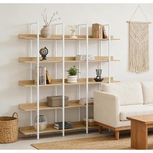 Airsurfer 5-Tier Natural Wood and White Bookshelf Contemporary Open-Back Bookshelf Storage Solution for Living Room Display - 1 of 4