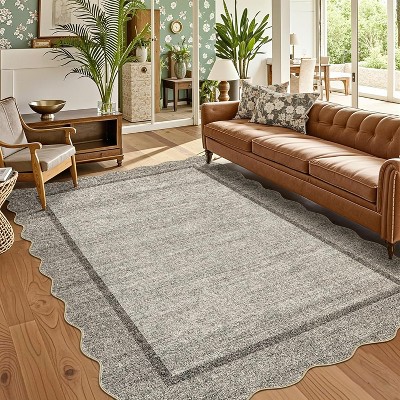 Washable Non-Slip Runner Rug - Soft  Scalloped Carpet for Kitchen, Entryway, Bedroom, Bath, Laundry & Hallway - Stain Resistant