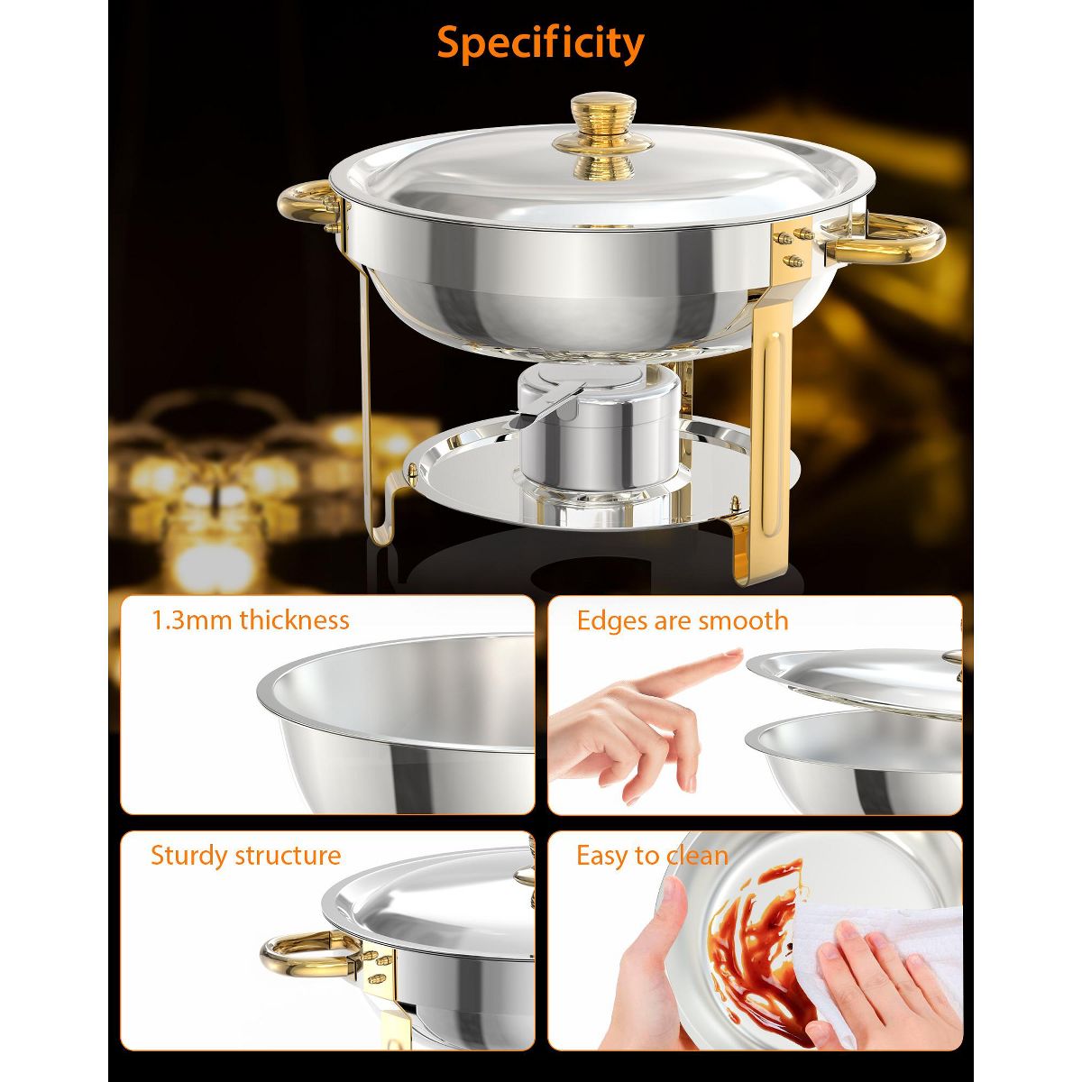 Garvee 5QT Gold Chafing Dish Buffet Set – Stainless Steel Food Warmer with Lid Holder, Spoon & Tweezer – For Catering, Weddings, Parties, Banquets - thumbnail 7