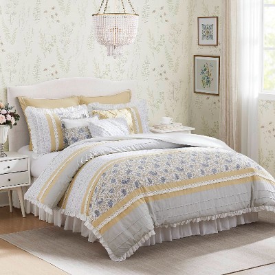 Lyngins 9-Piece Cotton Percale Comforter Set – Cottage Shabby Chic Paisley Print, Lace Taping, Oeko-Tex Certified, Cal King Bedding Set