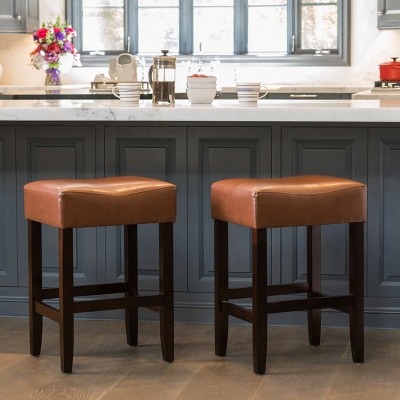 PAGED Saddle Bar Stools Set of 2, Modern Wooden Faux Leather Counter Height Bar Chair with Nailhead Trim for Bar, Kitchen, Dining Room