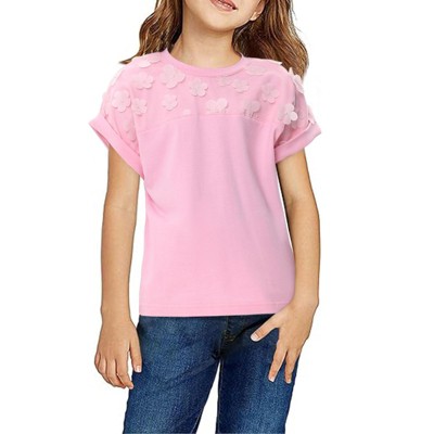 Girls Short Sleeve T-Shirt Top Solid Roll Up Cuffs Crew Neck Fashion Tees with Spliced 3D Floral