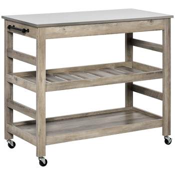 HOMCOM Rolling Kitchen Cart with Stainless Steel Countertop, 1 Bottom Shelf, 1 Slotted Middle Shelf and 4 Castor Wheels, Gray