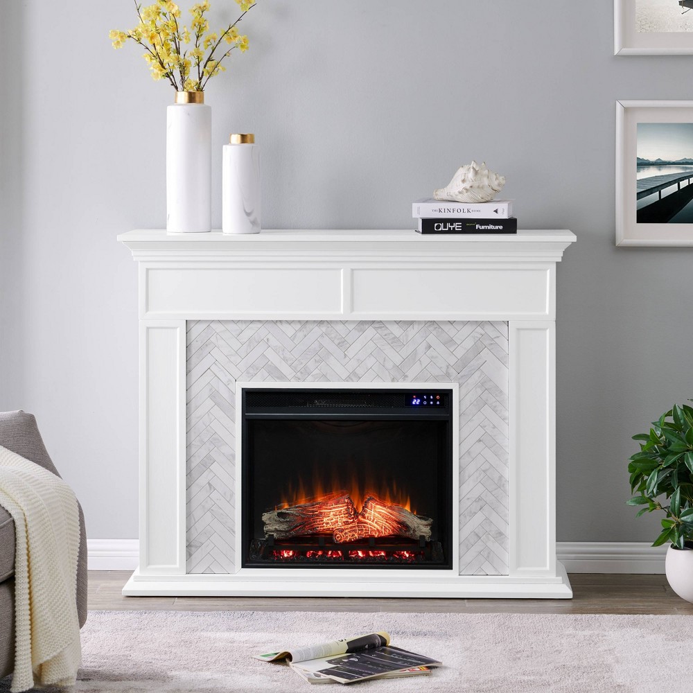 Photos - Electric Fireplace Tenmoor Marble Tiled Touch Panel  White - Aiden Lane