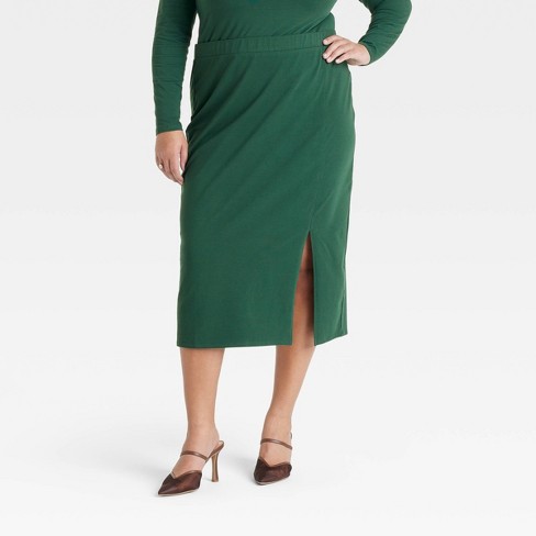 Women s Ruched Midi Slit Pencil Skirt Ava Viv Green XXL