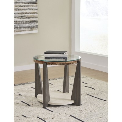 Round Beige and Brown Wood Metal End Table with Glass Top