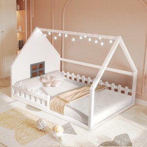 KIGFTSOD Full Size Wood House Bed with Window and Fence - 1 of 4