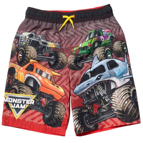 Monster Jam Little Boys' Allover Print Elastic Waist Drawstring Board Shorts Black Red Tread 4