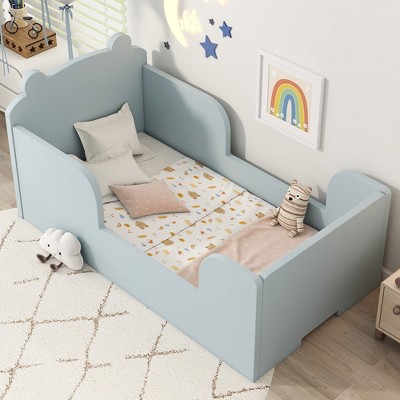 DOMETOUR Toddler Floor Bed Frame, Cot Bed for Boys and Girls Ages 3-6, Bear Shape Toddler Bed, Blue