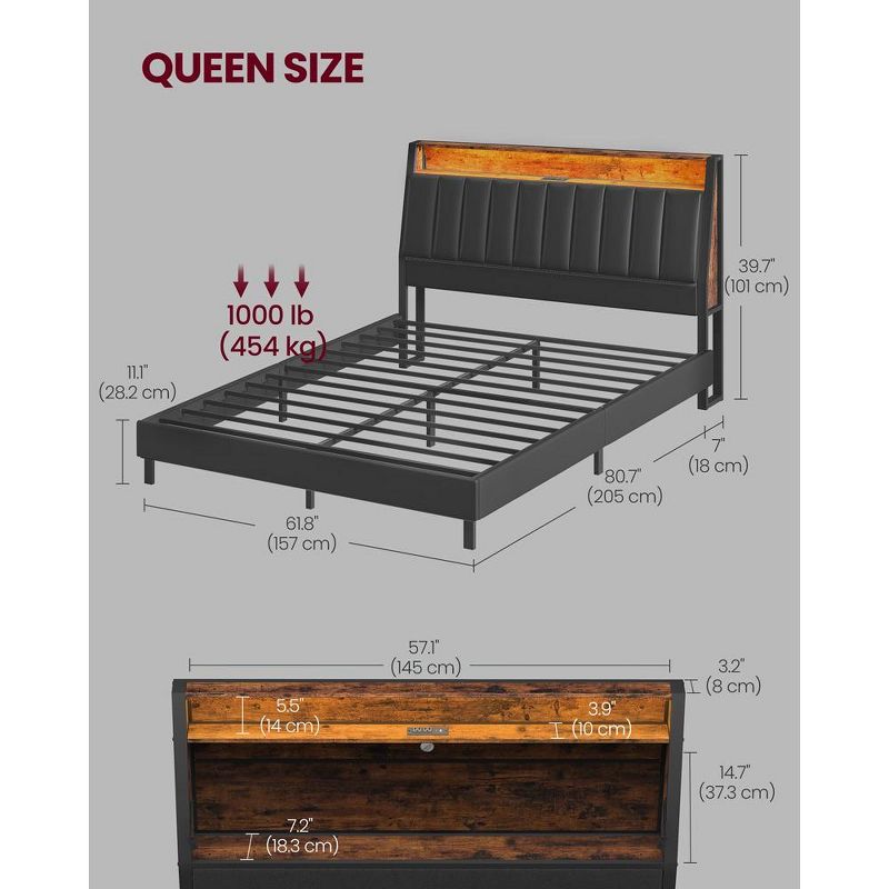 VASAGLE LED Bed Frame Full/Queen Size with Storage Headboard and Charging Station, 2 of 11