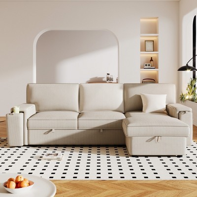 VYNXARIA Upholstery Sleeper Sectional Sofa with Storage Bags and 2 cup holders on Arms