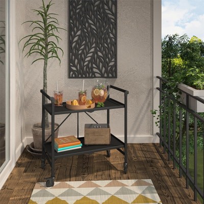 Black Steel 2-Shelf Rolling Serving Cart with Locking Wheels
