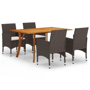 vidaXL 5 Piece Patio Dining Set - Acacia Wood Table & Rattan Chairs, Brown Garden Outdoor Furniture with Cushions, Rectangular Table - 1 of 4