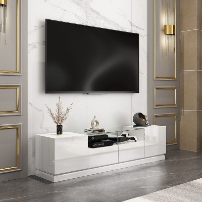 Famapy White 2-Drawers TV Stand With LED Lights Console Table