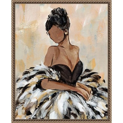 Elegant Black Dress with Feathers Framed Canvas Wall Art 16"x20"
