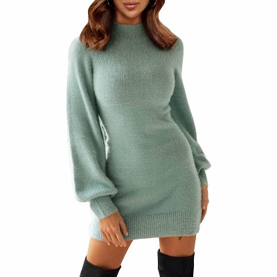 EXLURA Women's Mock Neck Ribbed Long Sleeve Bodycon Pullover Cute Mini Sweater Dress