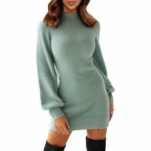 EXLURA Women's Mock Neck Ribbed Long Sleeve Bodycon Pullover Cute Mini Sweater Dress - 1 of 4